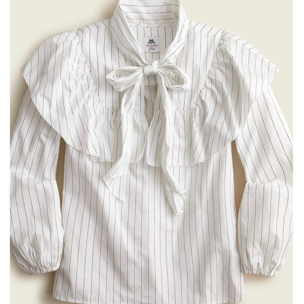 J Crew Thomas Mason Tie Neck Pinstripe Shirt Size XL Poplin Cottagecore Peasant